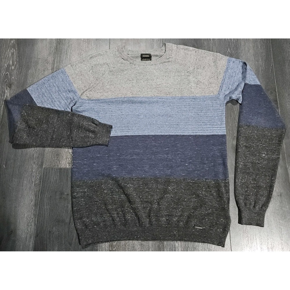 Diesel Knit Sweater Jumper‎ Men XL Gray Striped Preppy Lightweight Travel City